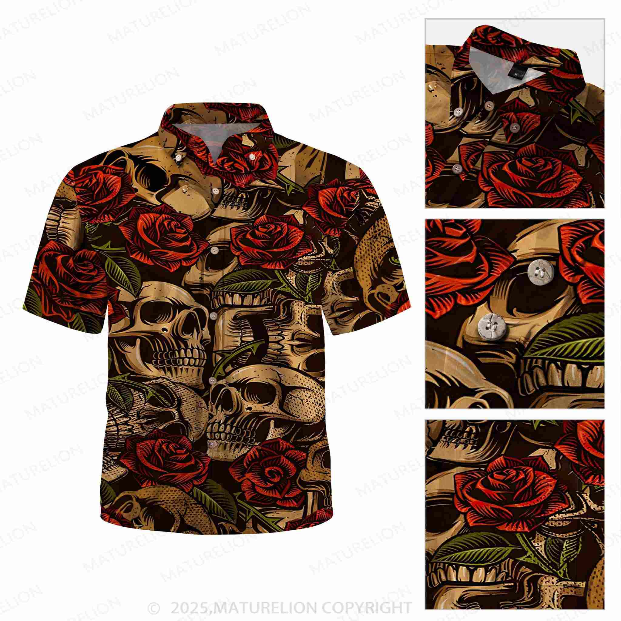 Maturelion Men's Youth Fashion Skull Rose Beach Casual Hawaiian Shirt