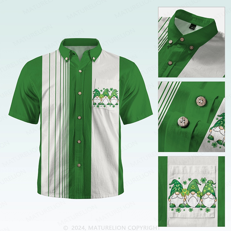 Maturelion St. Patrick's Button Pocket Shirt1950s Inspired St. Paddy's Day Print Hawaiian Shirt
