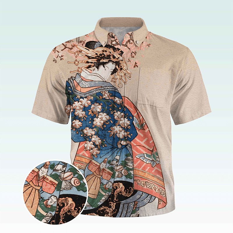 Maturelion Men's Button Pocket ShirtGintama Print Button Down Short Sleeve Shirt