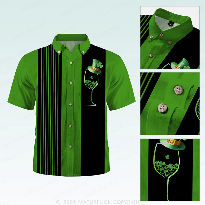 Maturelion St. Patrick's Button Pocket ShirtClassic 1950s Green Palm Print Hawaiian Shirt