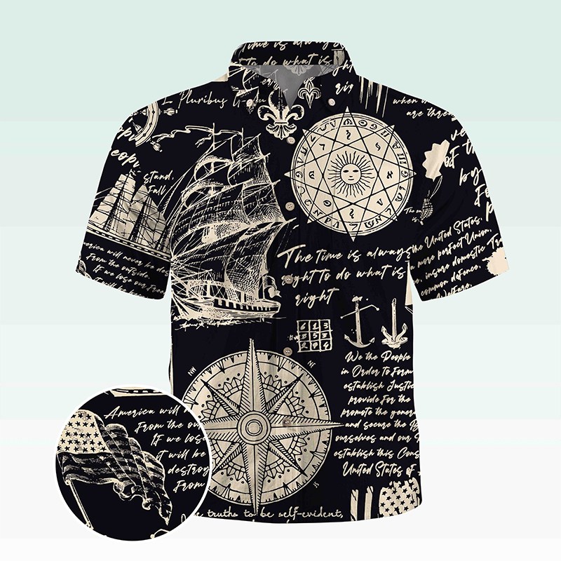 Maturelion Men's Button Pocket Shirt Helloice Steampunk Gold Compass Print Short Sleeve Hawaiian Shirt