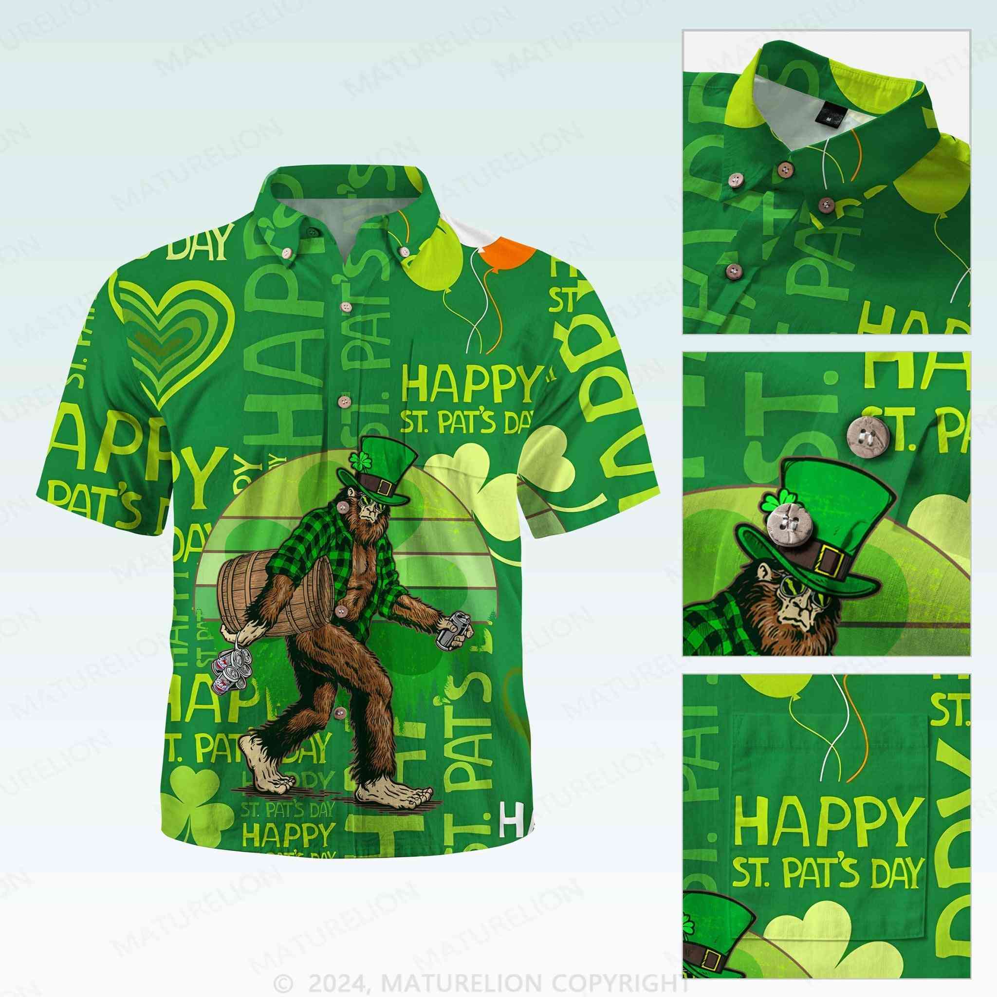MaturelionSt. Patrick's Button Pocket ShirtTropical St. Paddy’s Print Hawaiian Shirt