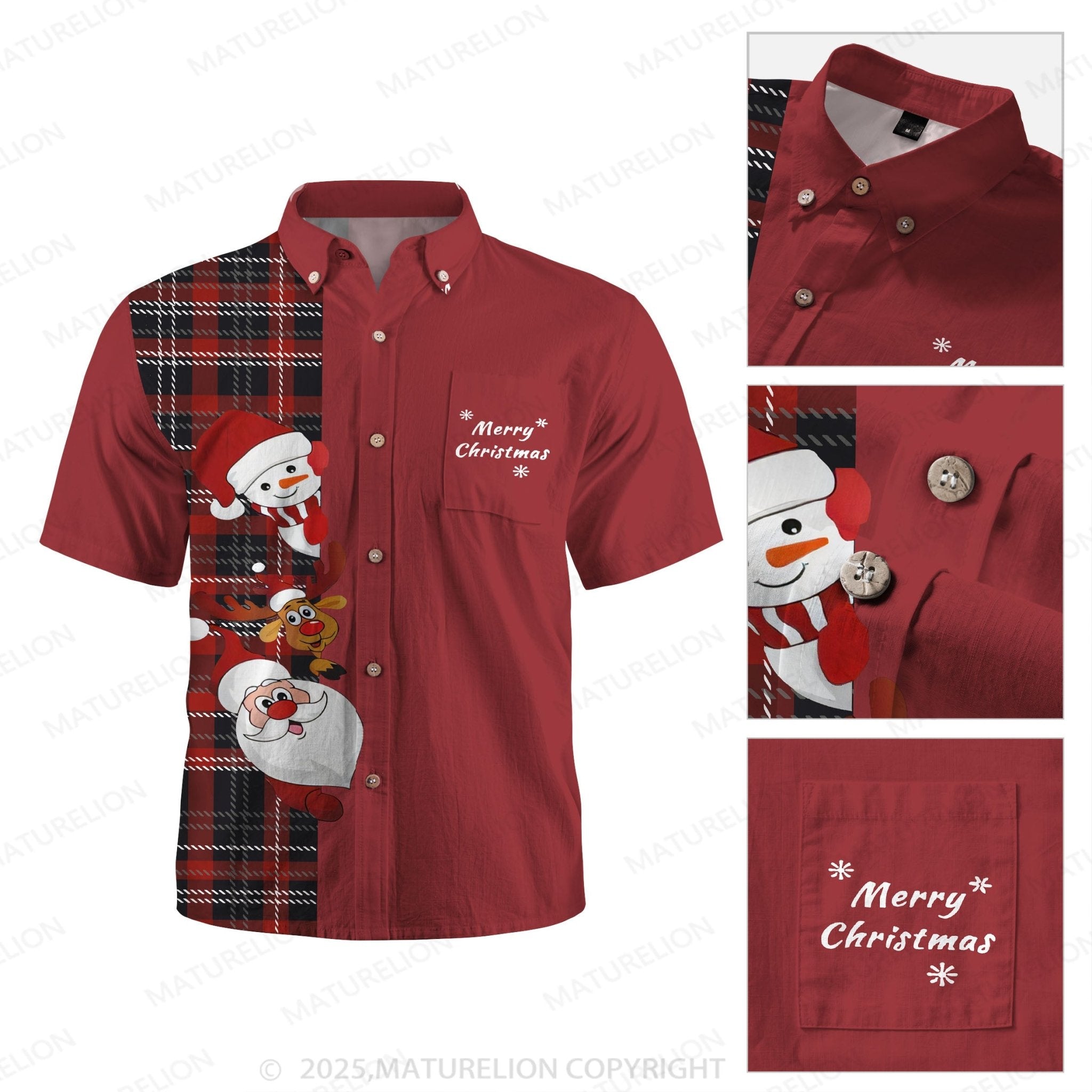 Christmas Santa Chest Pocket Reindeer And Snowman Casual Shirt Hawaiian Shirt