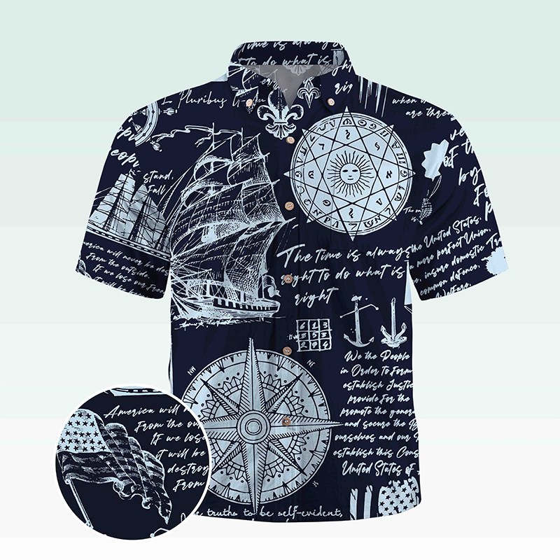 Maturelion Men's Button Pocket Shirt Helloice Steampunk Gold Compass Print Short Sleeve Hawaiian Shirt