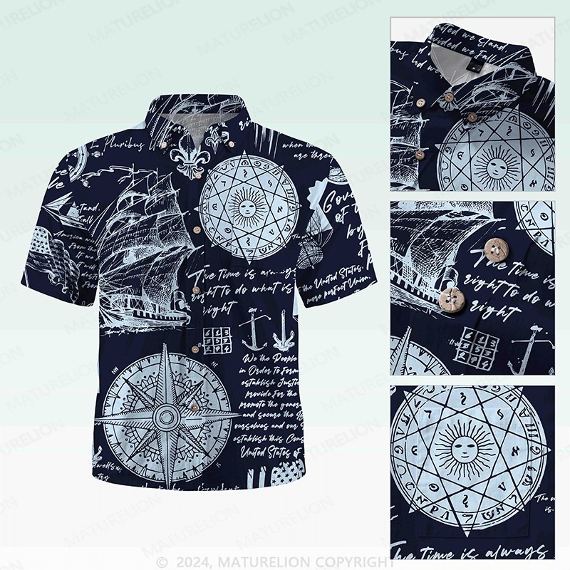 Maturelion Men's Button Pocket Shirt Helloice Steampunk Gold Compass Print Short Sleeve Hawaiian Shirt