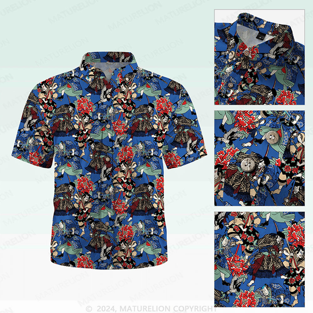 Maturelion Men's Button Pocket Shirt Koi Fish and Waves Cotton Hawaiian Shirt