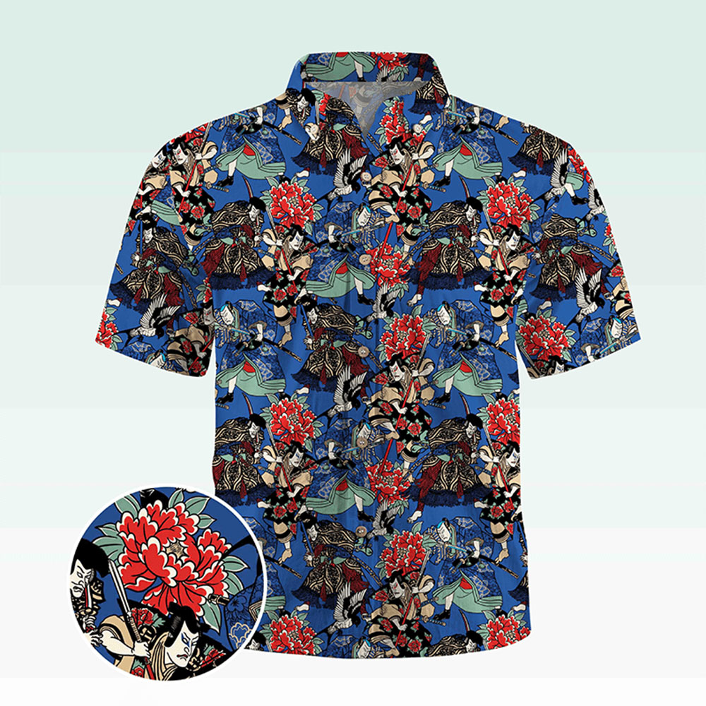 Maturelion Men's Button Pocket Shirt Koi Fish and Waves Cotton Hawaiian Shirt