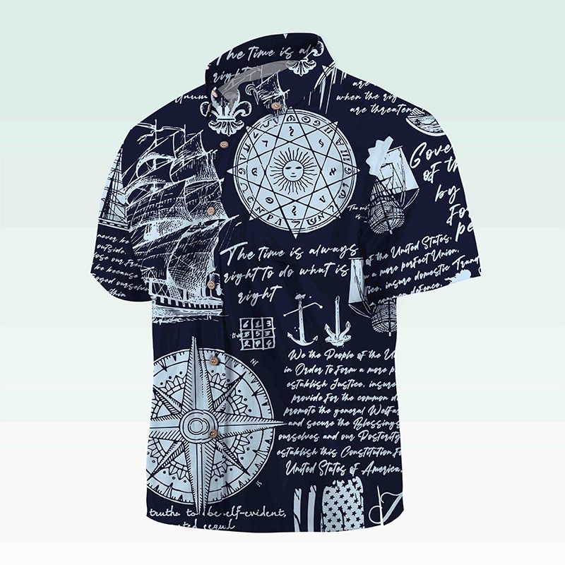 Maturelion Men's Button Pocket Shirt Helloice Steampunk Gold Compass Print Short Sleeve Hawaiian Shirt