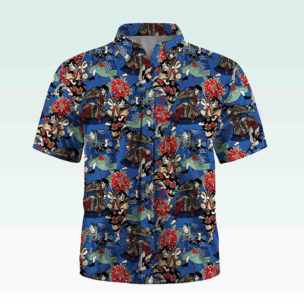 Maturelion Men's Button Pocket Shirt Koi Fish and Waves Cotton Hawaiian Shirt