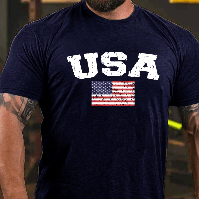 USA Distressed Flag American Pride Red White and Blue Cotton T-shirt-Maturelion