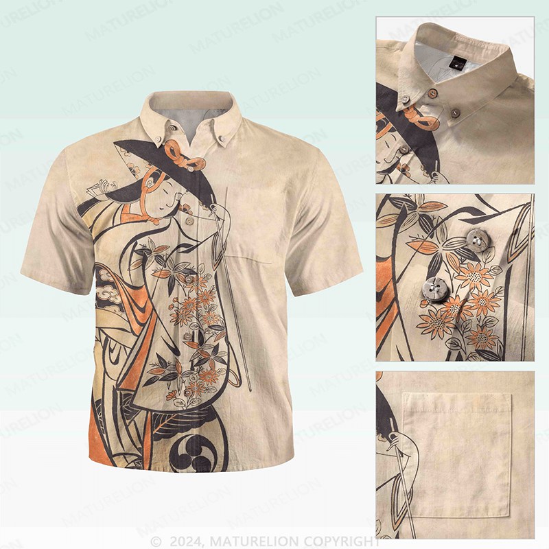 Maturelion Men's Button Pocket ShirtGintama Print Button Down Short Sleeve Shirt
