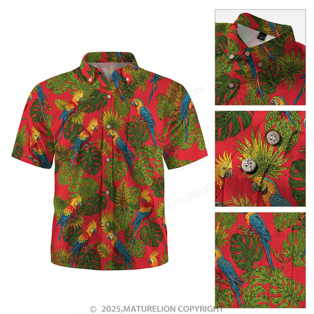 Maturelion Men's Hawaiian Shirt Red Parrot Jungle Print Hawaiian Shirt