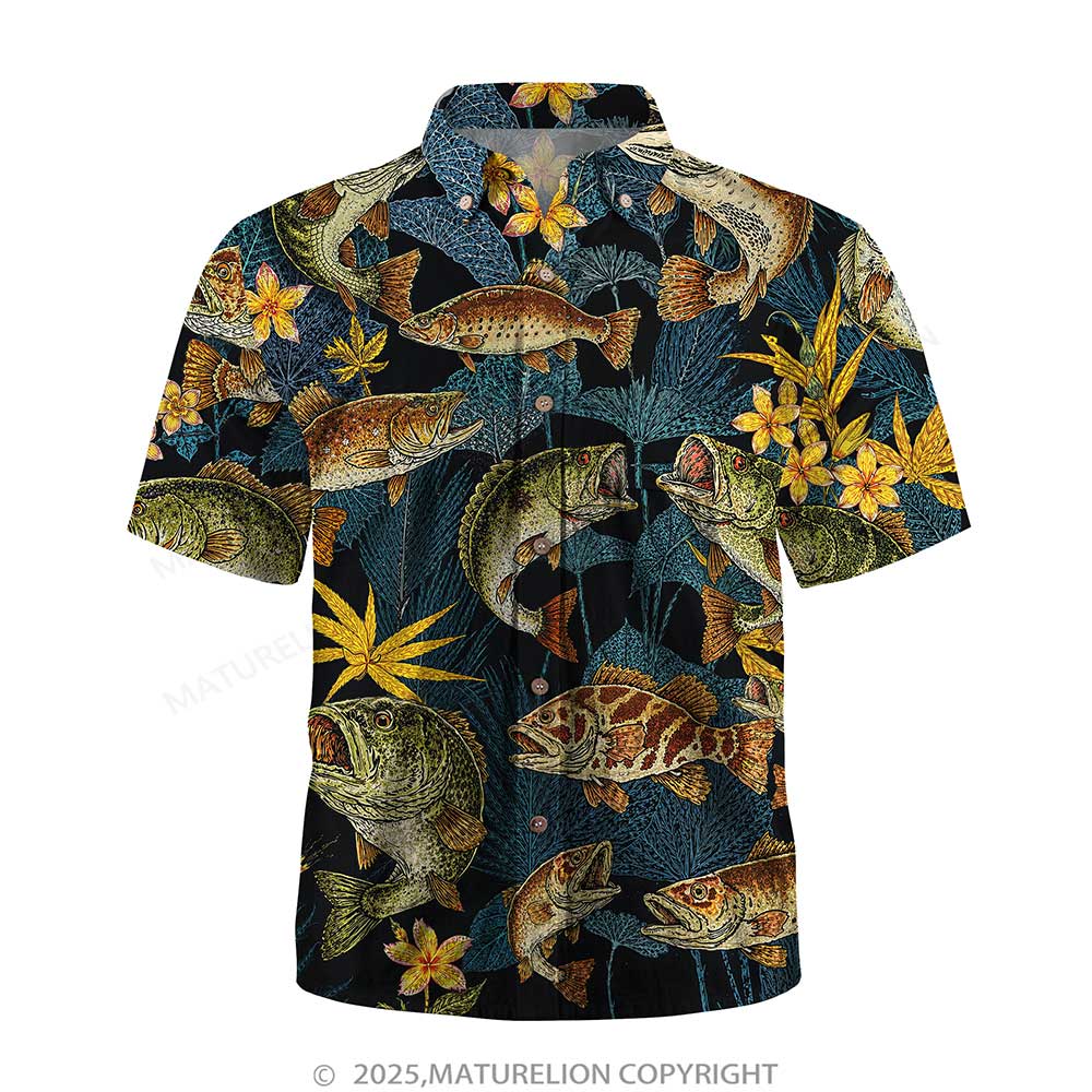 Maturelion Men's Hawaiian Shirt Black Tropical Fish Print Hawaiian Shirt