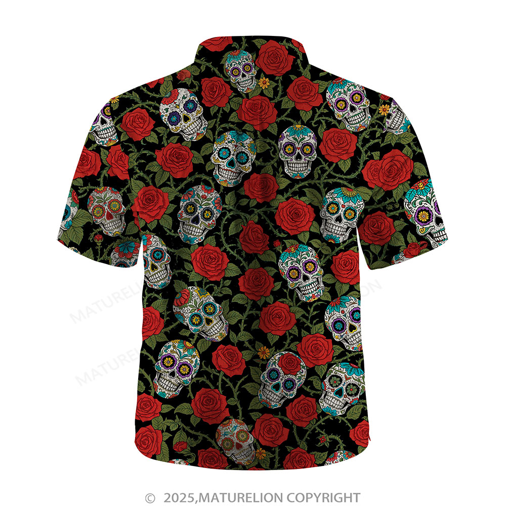 Maturelion Men's Hawaiian Shirt Black Rose Sugar Skull Day of the Dead Hawaiian Shirt
