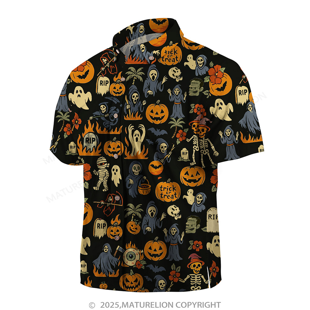 Maturelion Halloween Hawaiian Shirt Ghost & Pumpkin Print Hawaiian Shirt