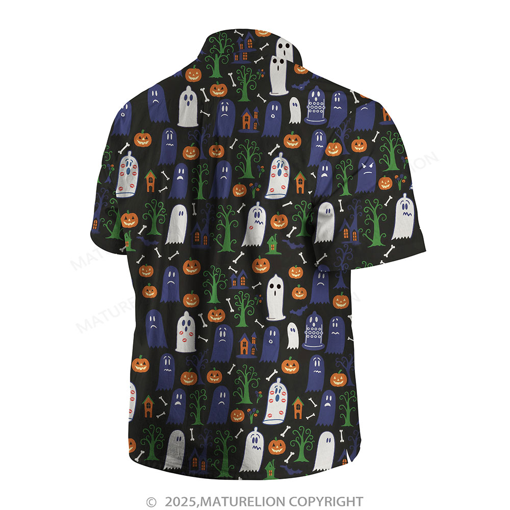Maturelion Halloween Hawaiian Shirt Black Blue Ghost & Pumpkin Hawaiian Shirt