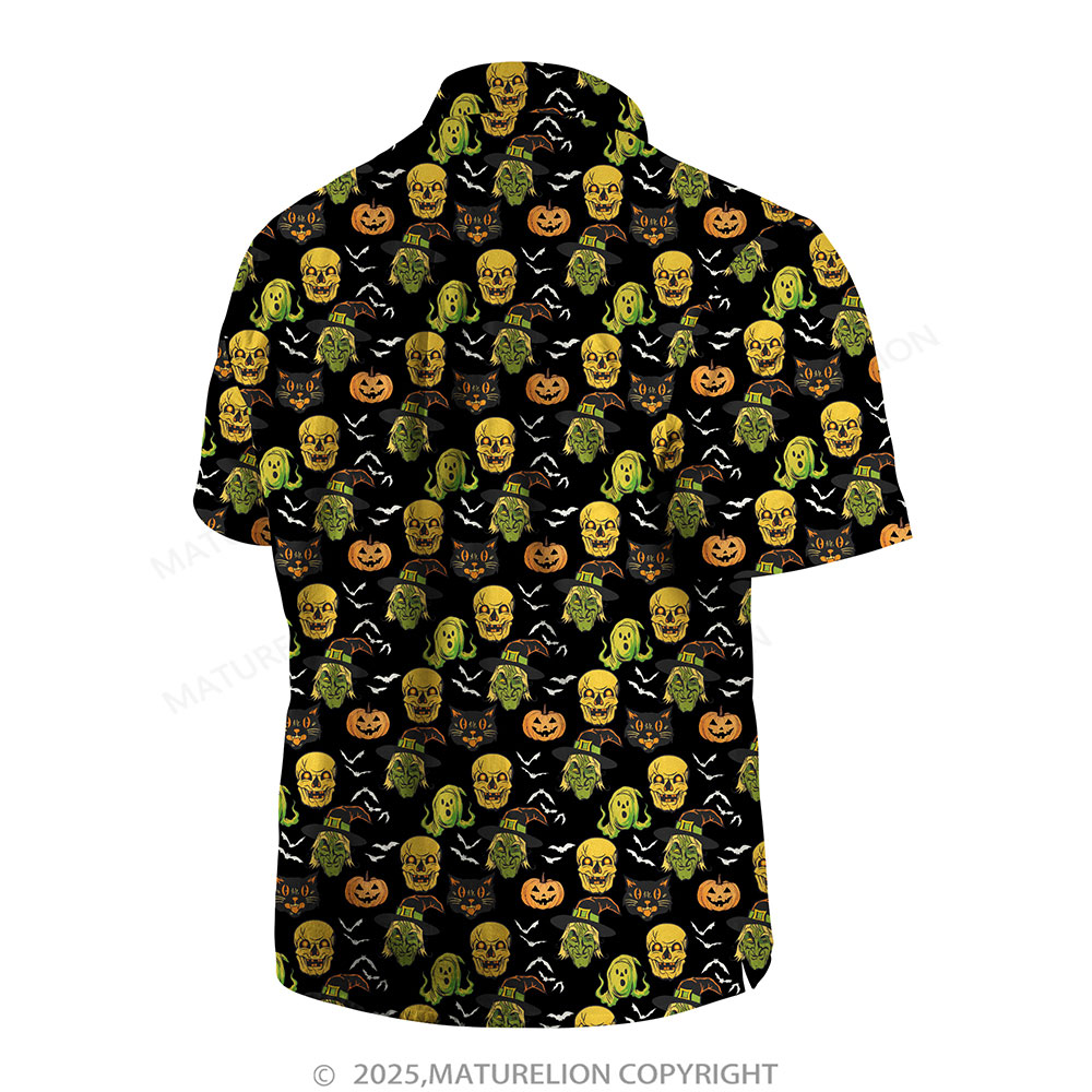 Maturelion Men's Hawaiian Shirt Pumpkin Skull and Witch Print Hawaiian Shirt