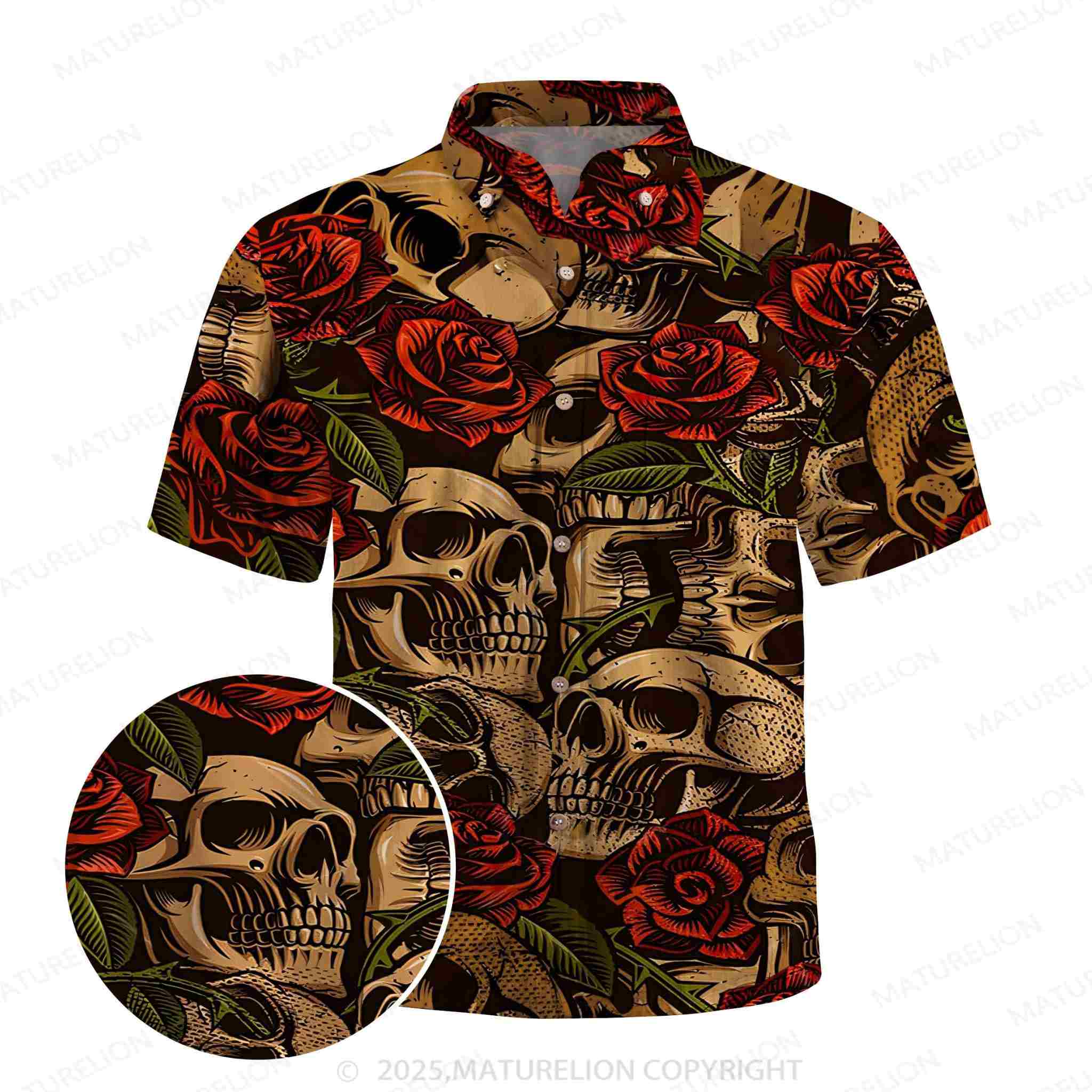 Maturelion Men's Youth Fashion Skull Rose Beach Casual Hawaiian Shirt