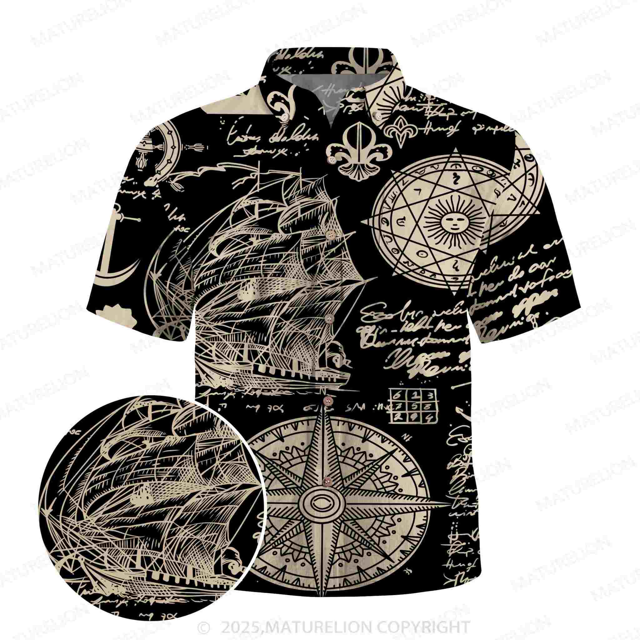 Maturelion Sailboat Compass ocean 3d Print Retro Men's Hawaiian Shirt