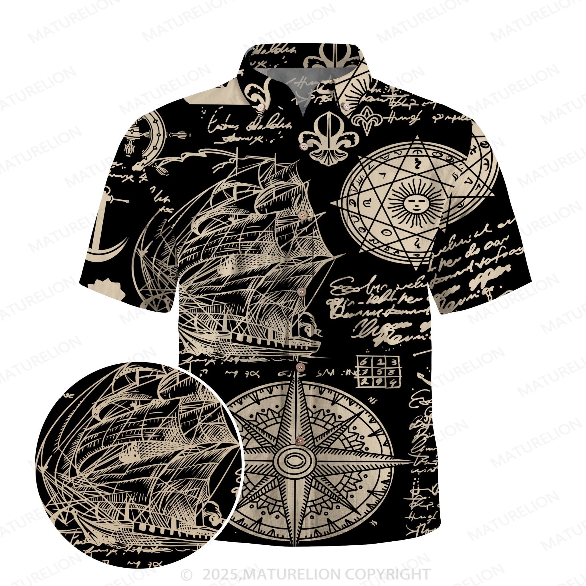 Maturelion Sailboat Compass ocean 3d Print Retro Men's Hawaiian Shirt