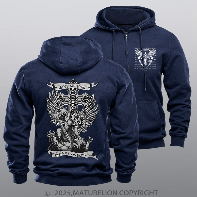 Maturelion Men's Hoodie Saint Michael Defend Us Fleece Zipper Hoodie