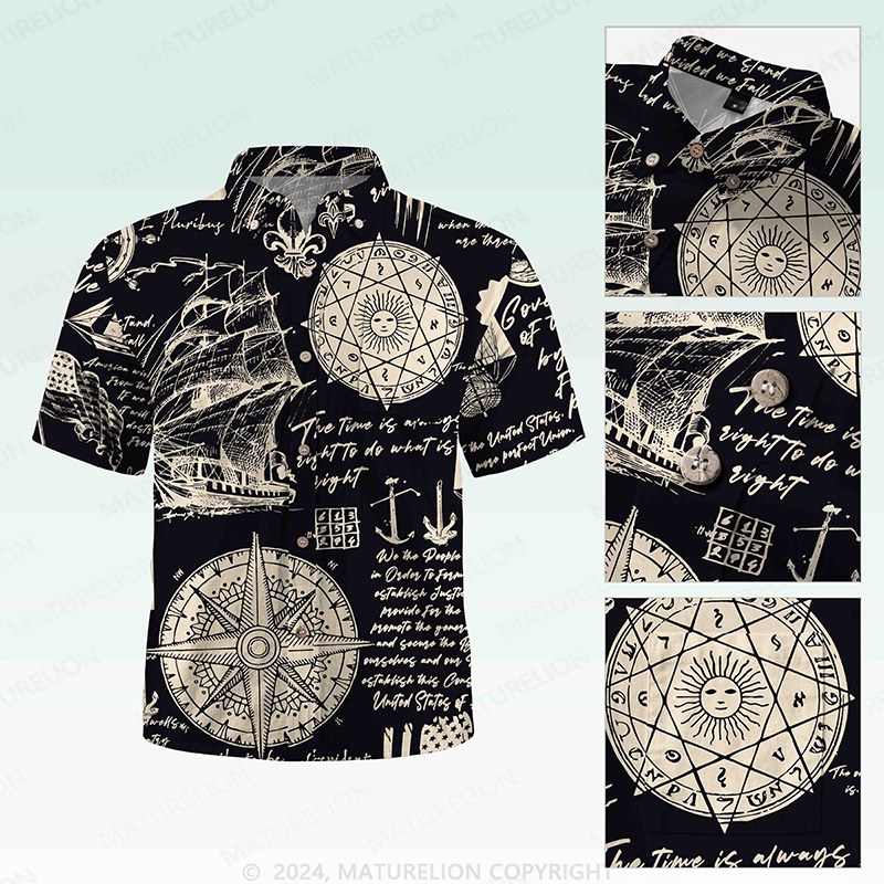 Maturelion Men's Button Pocket Shirt Helloice Steampunk Gold Compass Print Short Sleeve Hawaiian Shirt