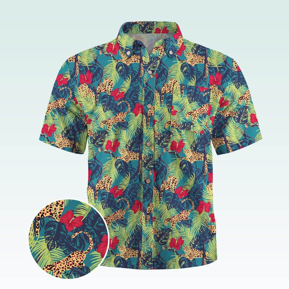 Maturelion Men's Button Pocket ShirtTropical Jungle Boys Woven Shirt with Short Sleeves