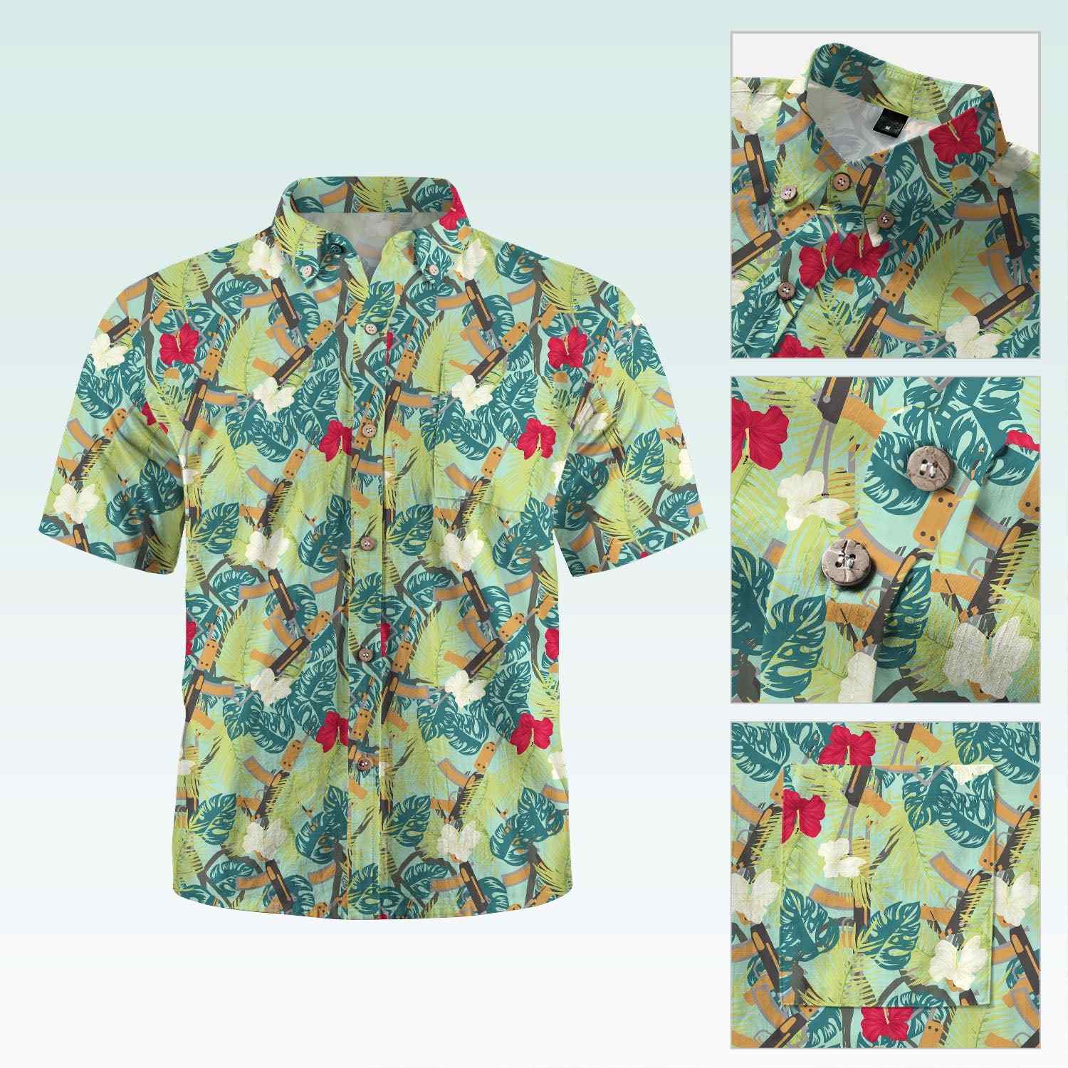 Maturelion Men's Button Pocket ShirtTropical Jungle Boys Woven Shirt with Short Sleeves