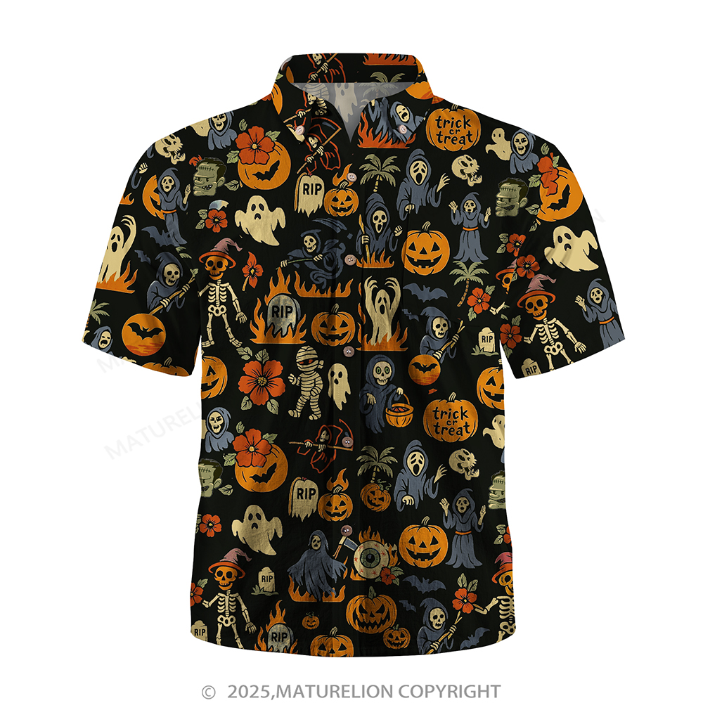 Maturelion Halloween Hawaiian Shirt Ghost & Pumpkin Print Hawaiian Shirt