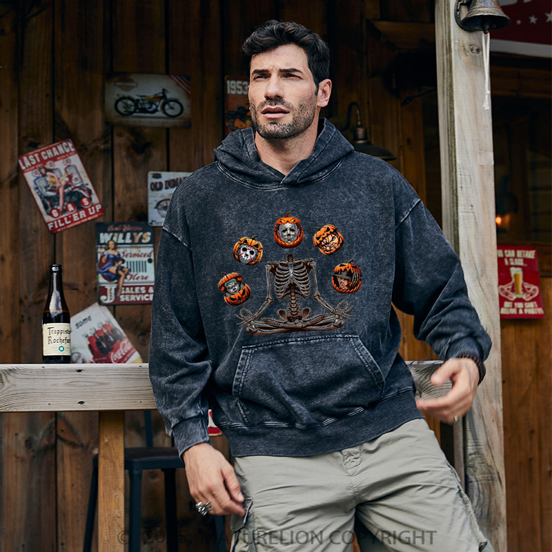 Maturelion Men's Hoodie Horror Halloween Character Washed Hoodie