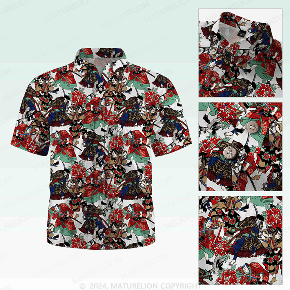 Maturelion Men's Button Pocket Shirt Koi Fish and Waves Cotton Hawaiian Shirt
