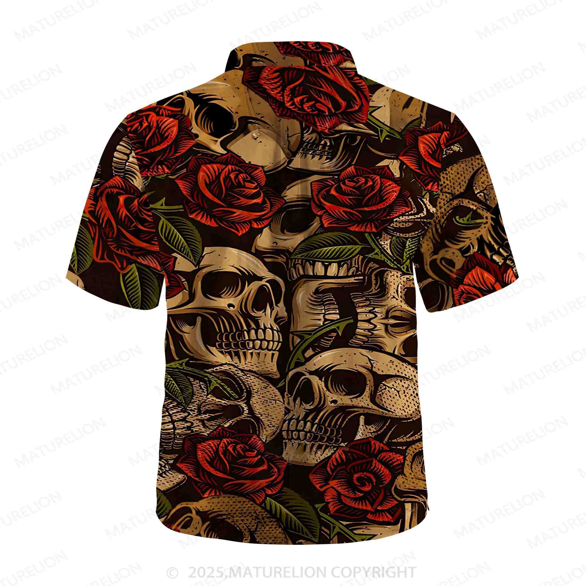 Maturelion Men's Youth Fashion Skull Rose Beach Casual Hawaiian Shirt