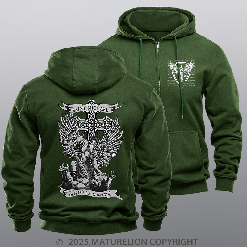 Maturelion Men's Hoodie Saint Michael Defend Us Fleece Zipper Hoodie