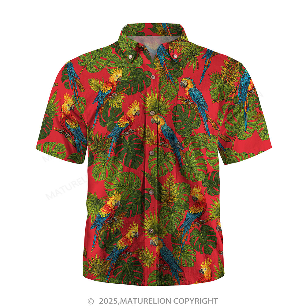 Maturelion Men's Hawaiian Shirt Red Parrot Jungle Print Hawaiian Shirt