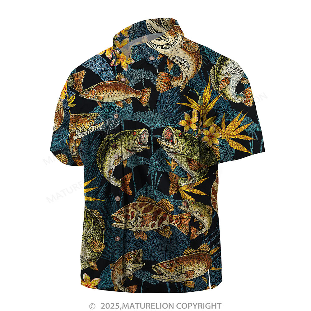 Maturelion Men's Hawaiian Shirt Black Tropical Fish Print Hawaiian Shirt