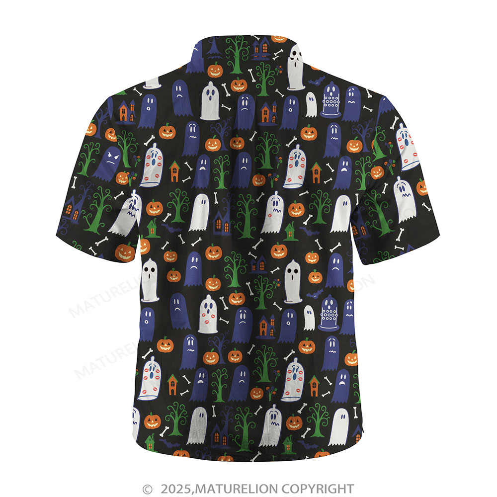 Maturelion Halloween Hawaiian Shirt Black Blue Ghost & Pumpkin Hawaiian Shirt