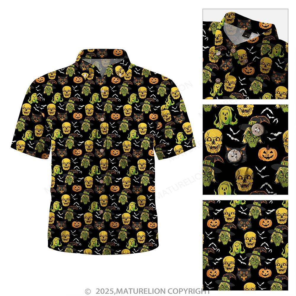 Maturelion Men's Hawaiian Shirt Pumpkin Skull and Witch Print Hawaiian Shirt