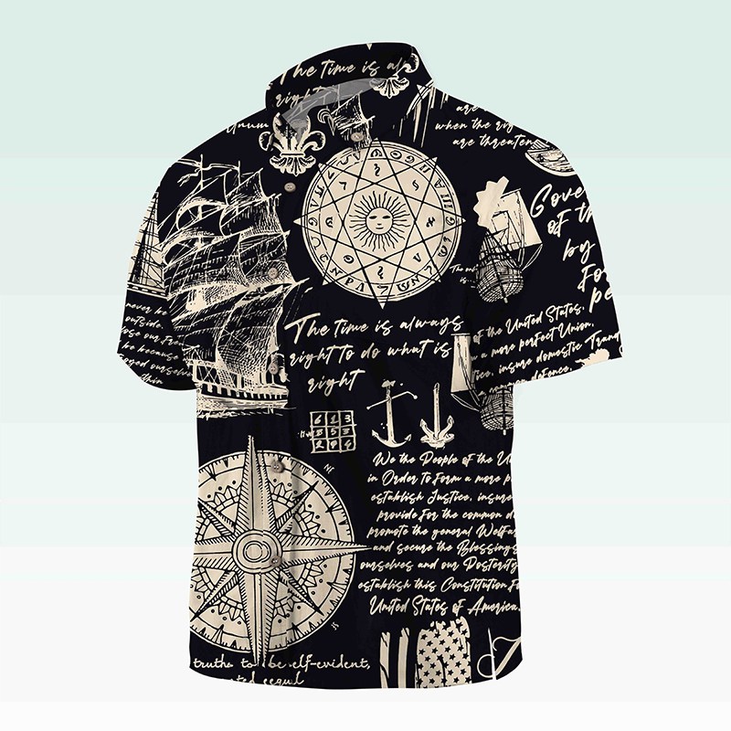 Maturelion Men's Button Pocket Shirt Helloice Steampunk Gold Compass Print Short Sleeve Hawaiian Shirt