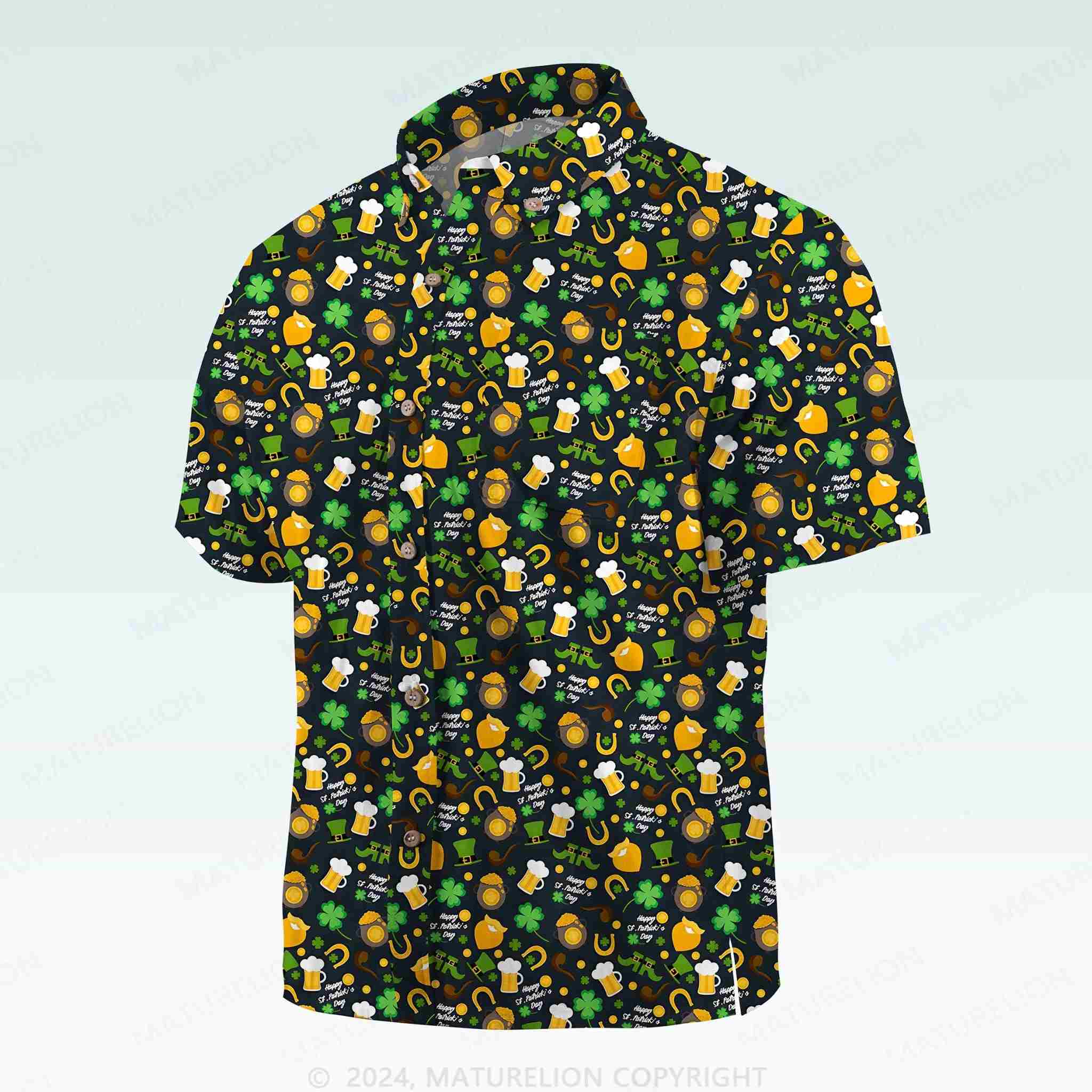 Maturelion St. Patrick's Button Pocket Shirt1950s Irish Breeze Hawaiian Shirt