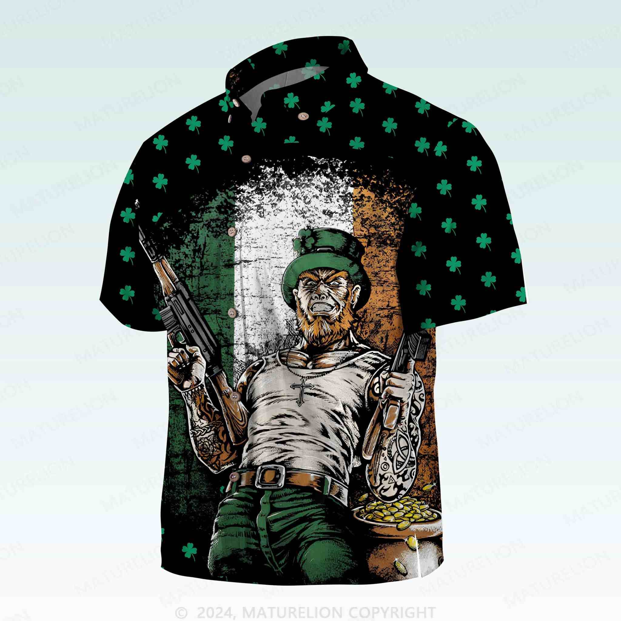 Maturelion St. Patrick's Button Pocket ShirtVintage Clover Getaway Hawaiian Shirt
