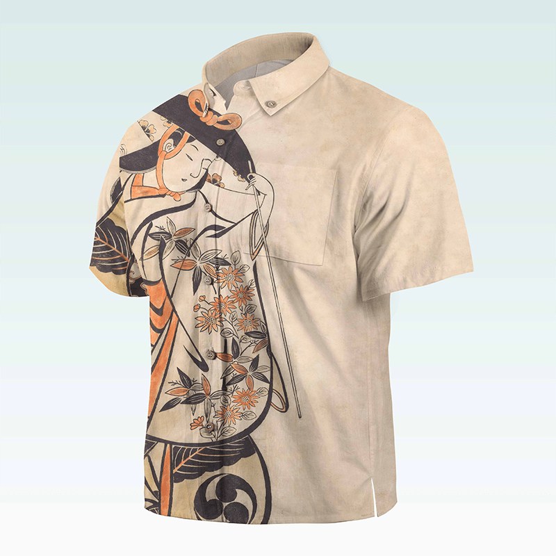 Maturelion Men's Button Pocket ShirtGintama Print Button Down Short Sleeve Shirt