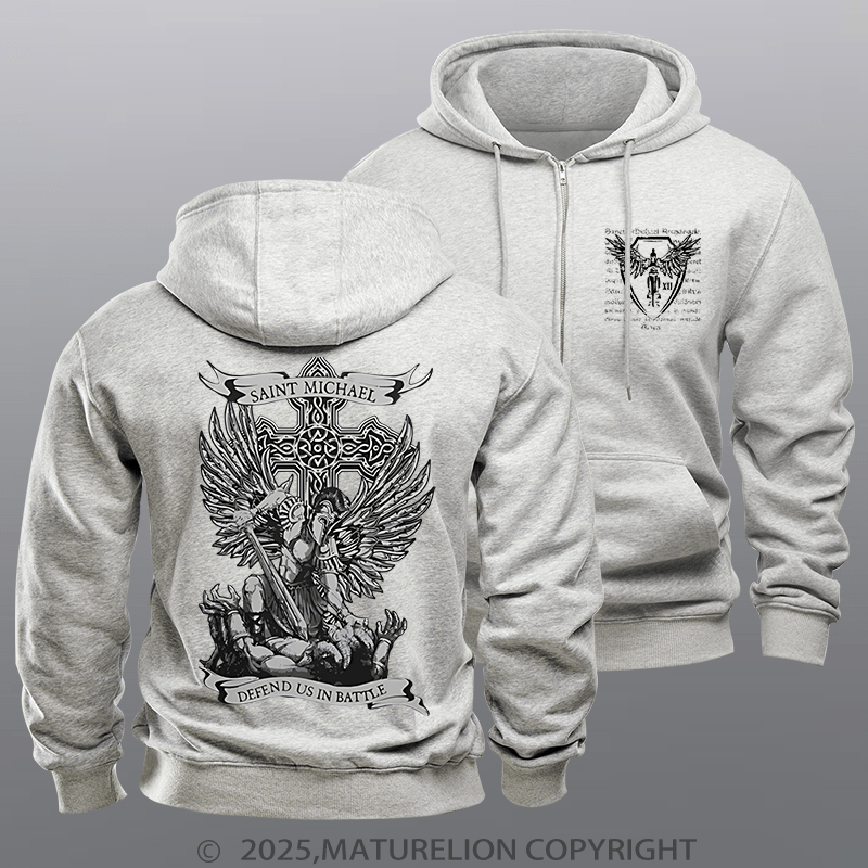 Maturelion Men's Hoodie Saint Michael Defend Us Fleece Zipper Hoodie