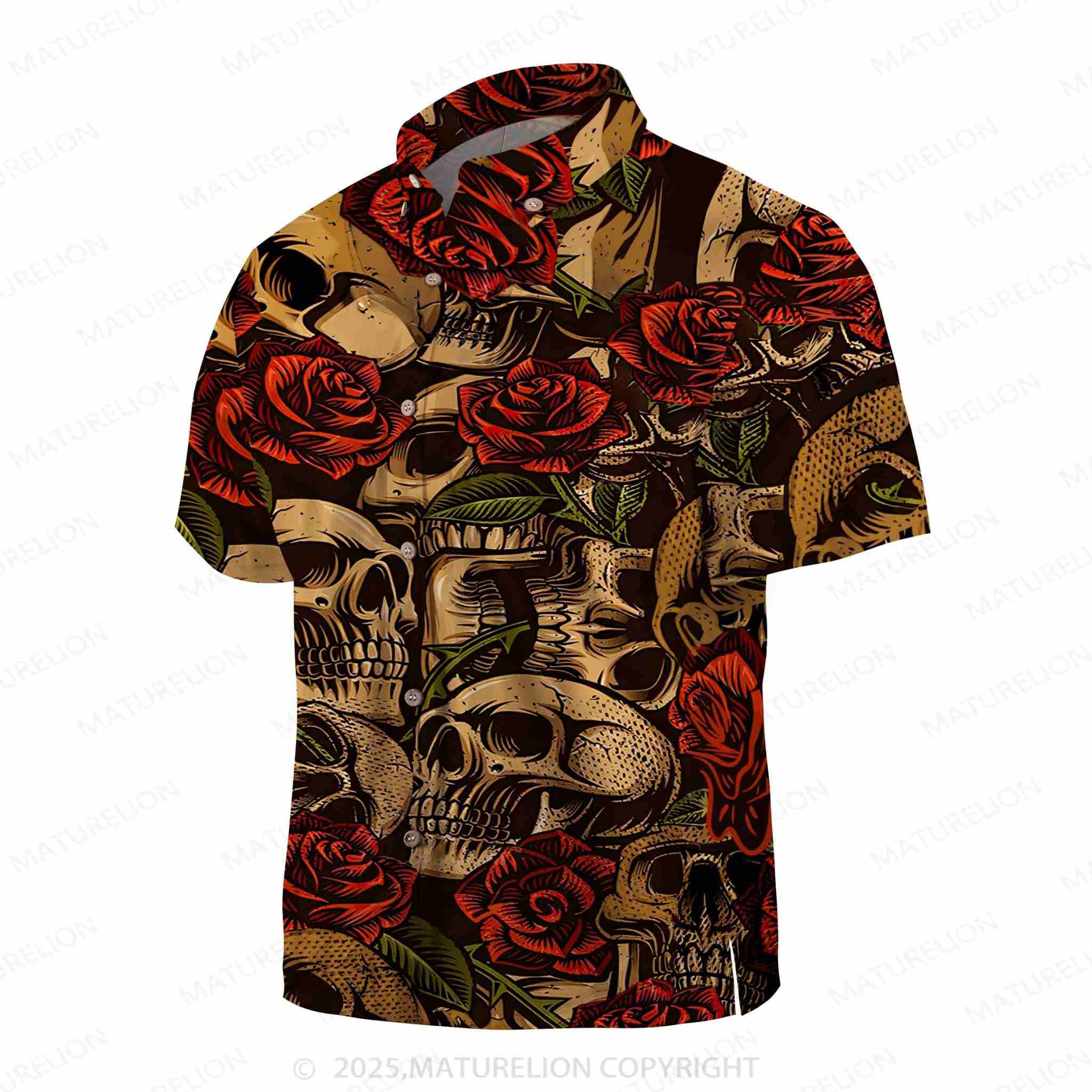 Maturelion Men's Youth Fashion Skull Rose Beach Casual Hawaiian Shirt