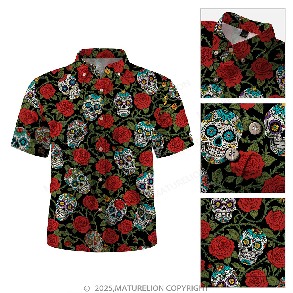 Maturelion Men's Hawaiian Shirt Black Rose Sugar Skull Day of the Dead Hawaiian Shirt