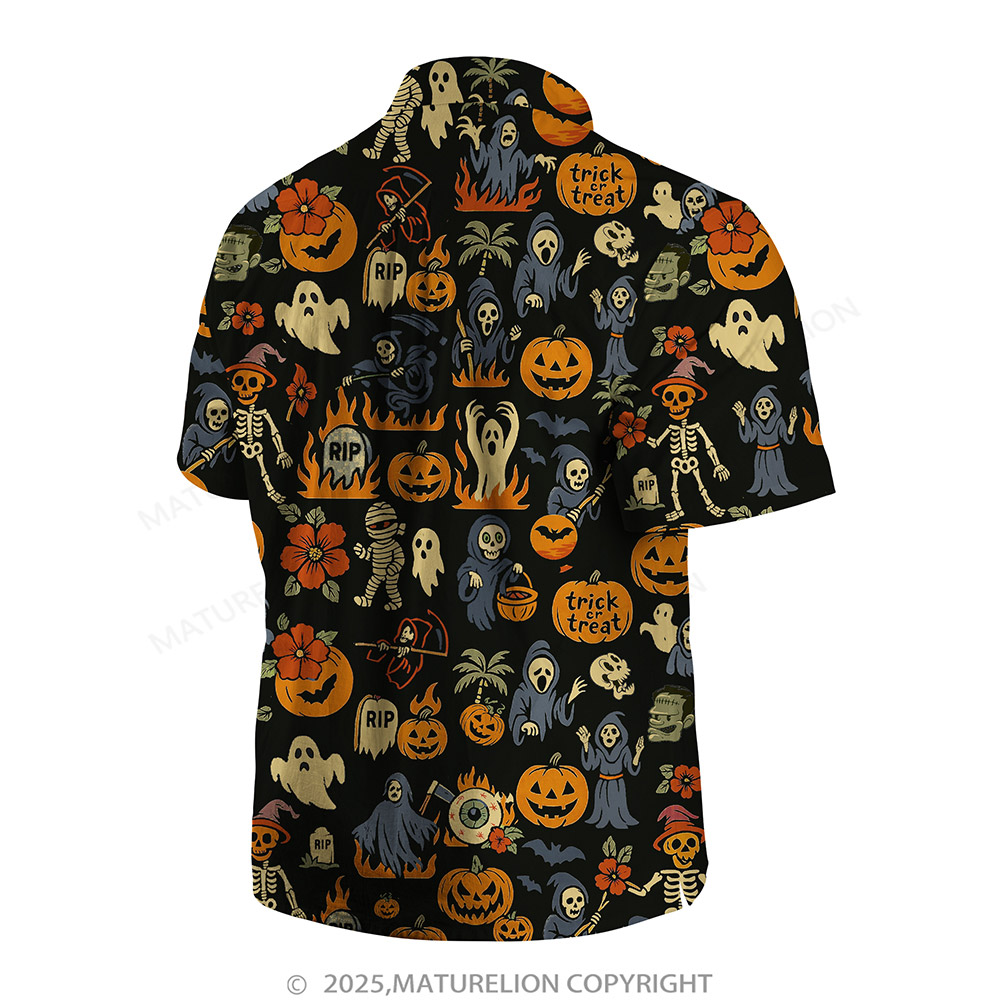 Maturelion Halloween Hawaiian Shirt Ghost & Pumpkin Print Hawaiian Shirt