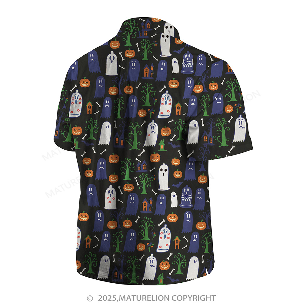 Maturelion Halloween Hawaiian Shirt Ghost & Pumpkin Print Hawaiian Shirt