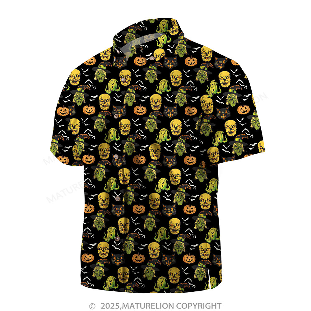 Maturelion Men's Hawaiian Shirt Pumpkin Skull and Witch Print Hawaiian Shirt