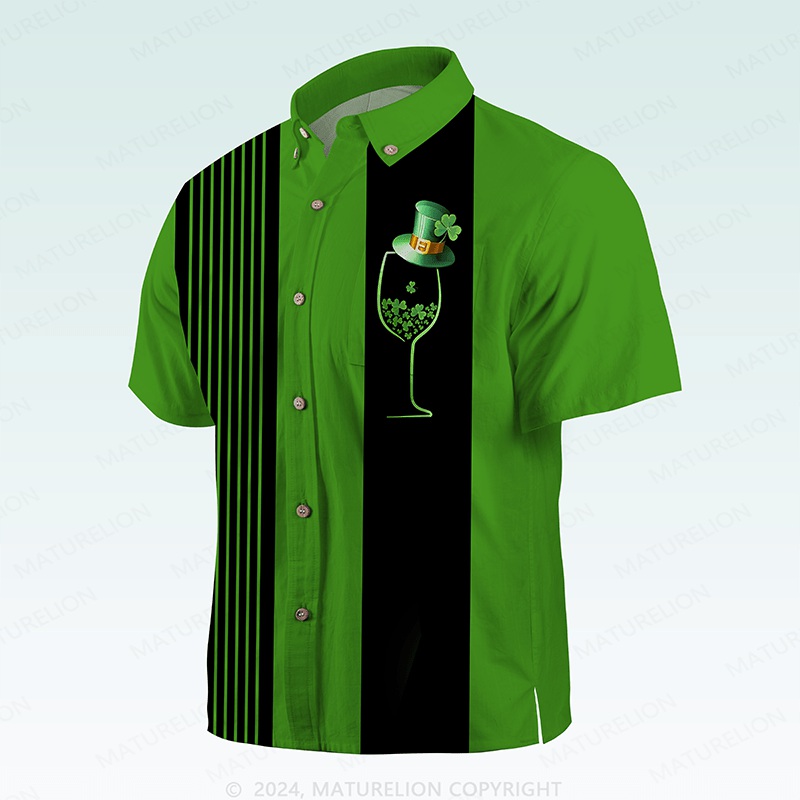 Maturelion St. Patrick's Button Pocket ShirtClassic 1950s Green Palm Print Hawaiian Shirt