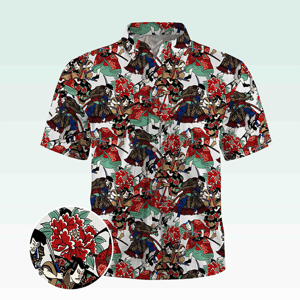 Maturelion Men's Button Pocket Shirt Koi Fish and Waves Cotton Hawaiian Shirt