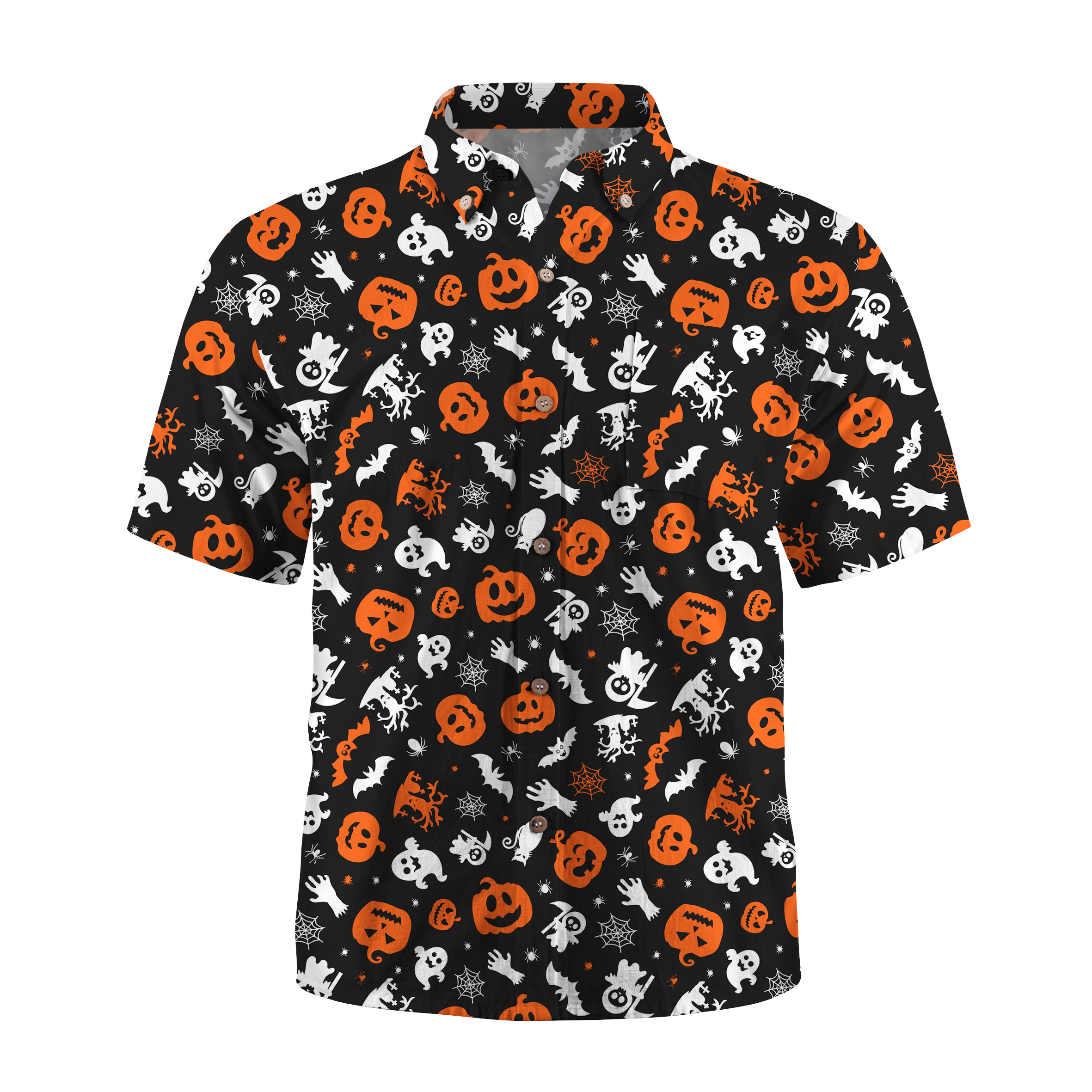 Maturelion Orange Festival Endless pumpkins, bats, spiders, ghosts, bones, candies and spider webs Halloween Hawaiian Shirt